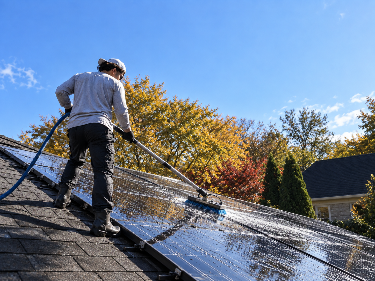 Technician cleaning rooftop solar panels with a soft brush