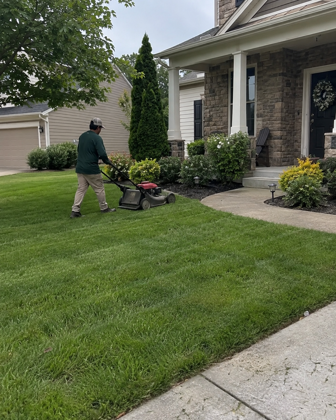 Mowing a front lawn