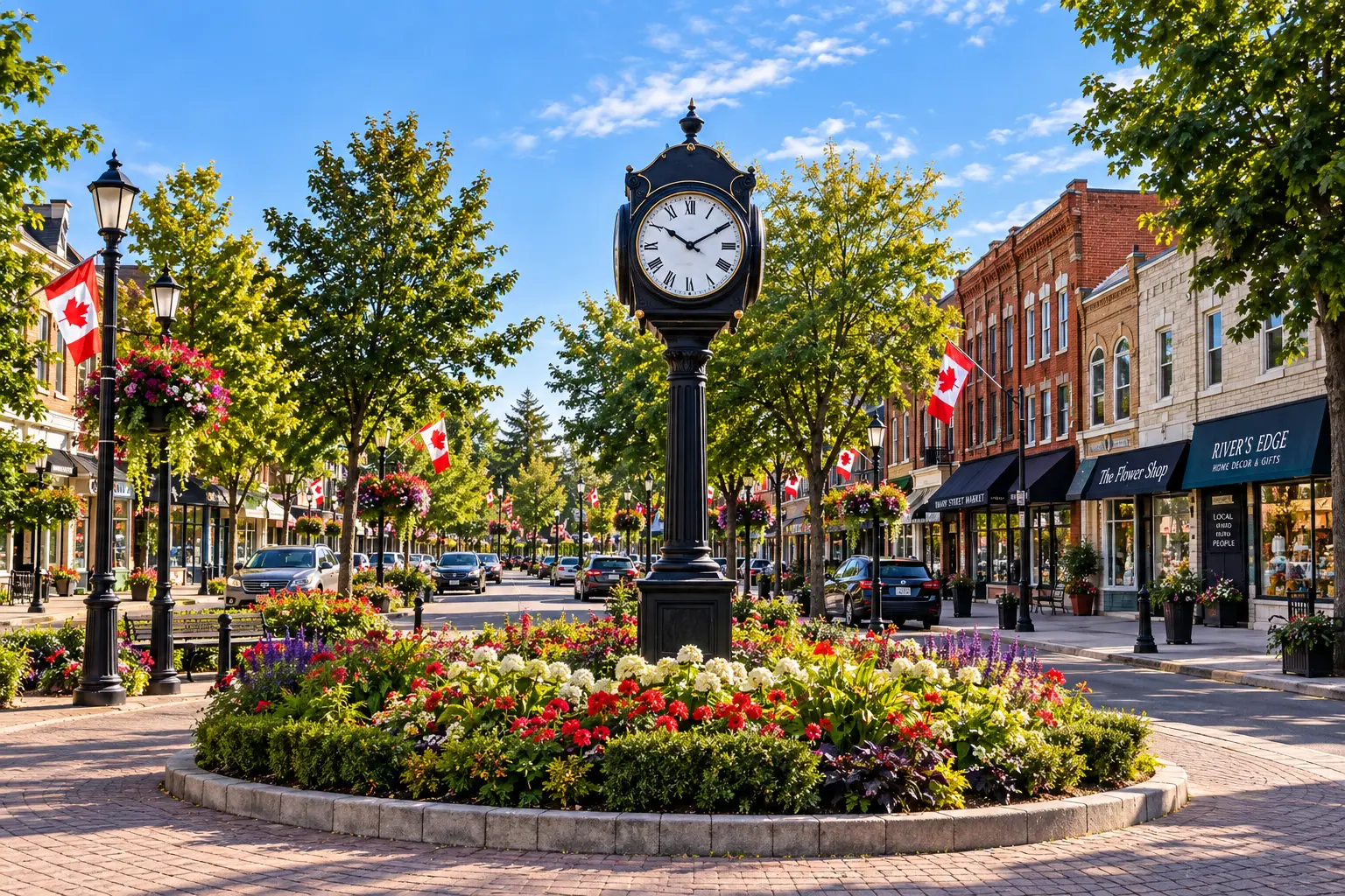 Essex downtown main street with the famous town clock and flower baskets in summer