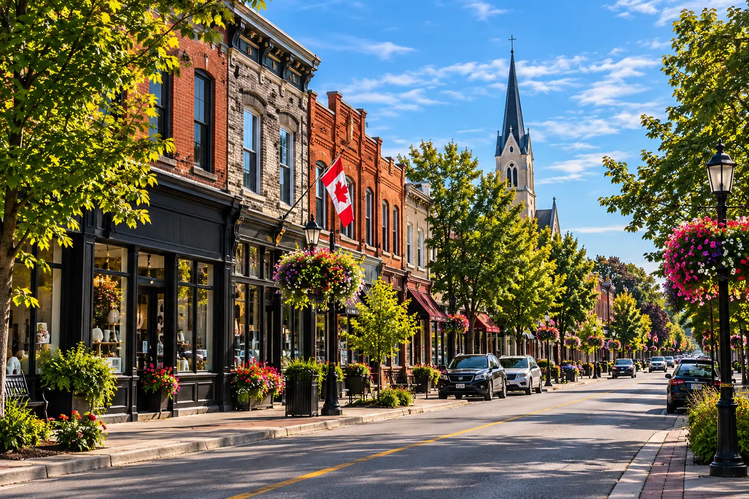 Historic downtown main street lined with shops and Canadian flags in Amherstburg, Ontario