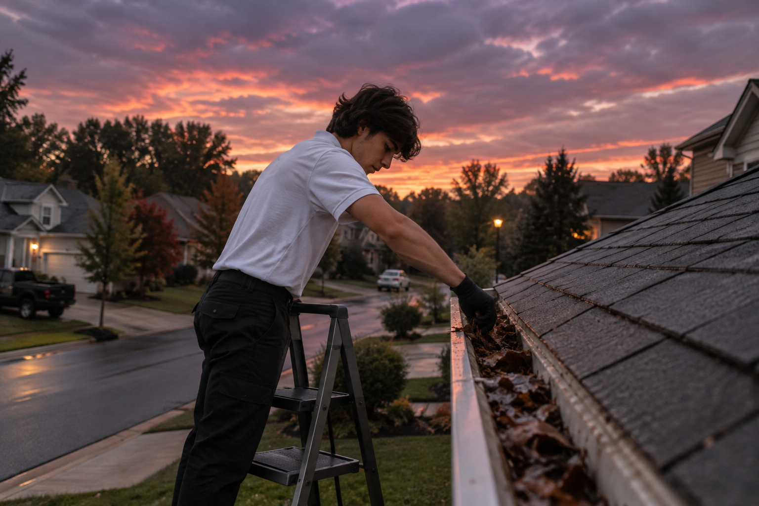 Worker scooping leaves out of a home's eavestrough