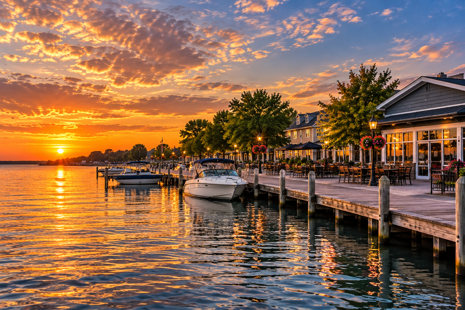 Lakeshore waterfront boardwalk and marina at sunset along Lake St. Clair